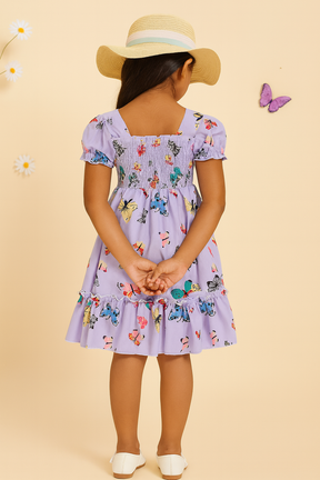 Girl's Purple Color Cotton Butterfly Printed Smocked Kids Dress