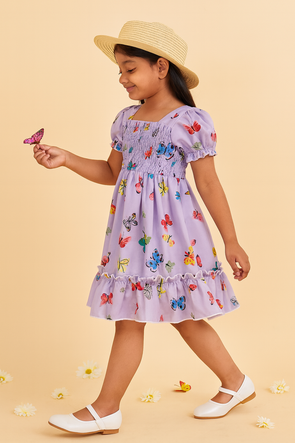 Girl's Purple Color Cotton Butterfly Printed Smocked Kids Dress