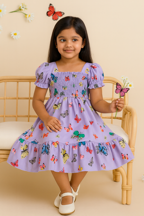 Girl's Purple Color Cotton Butterfly Printed Smocked Kids Dress