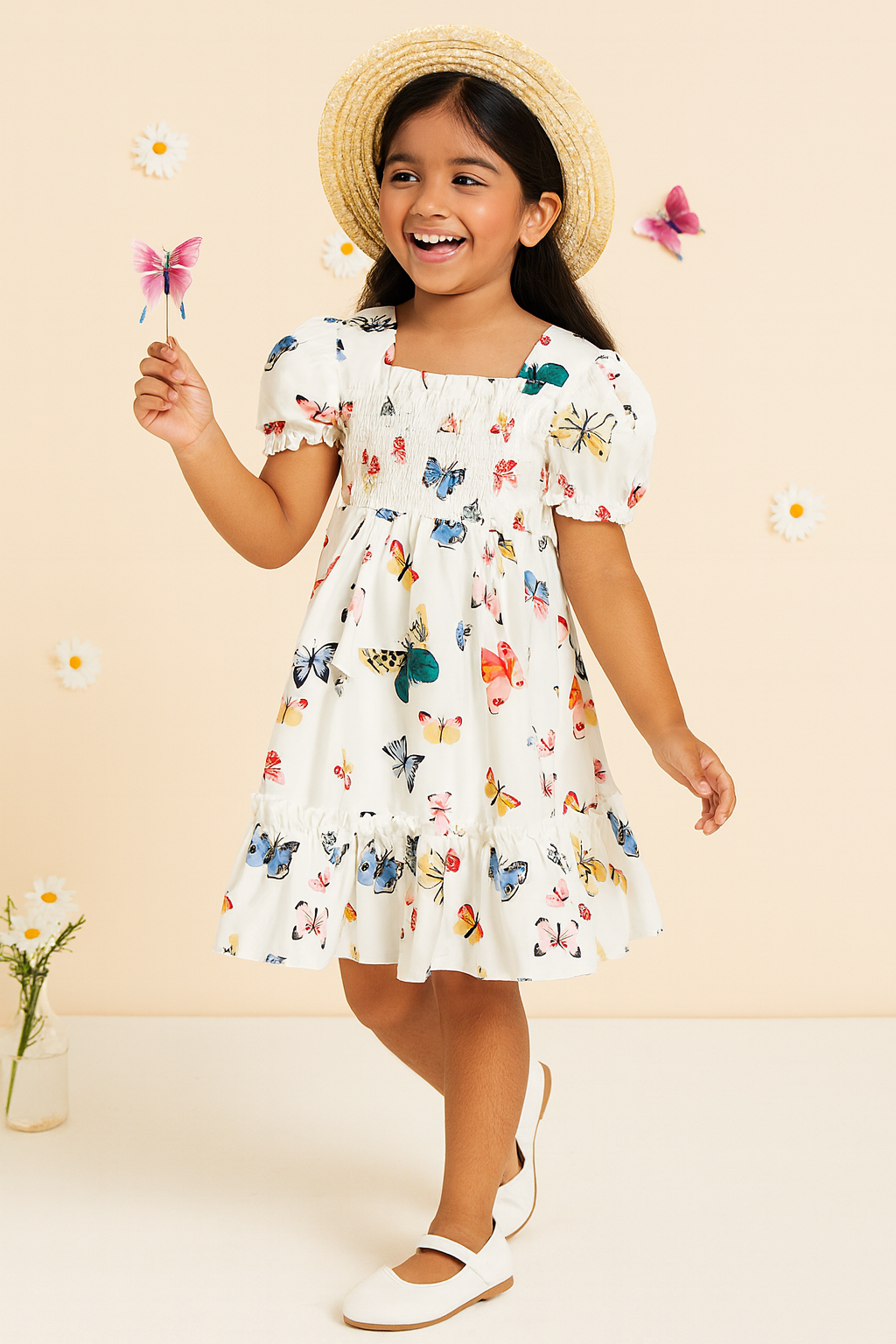 Girl's White Color Cotton Printed Smocked Kids Dress