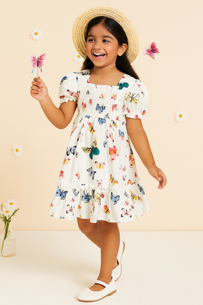 Girl's White Color Cotton Printed Smocked Kids Dress