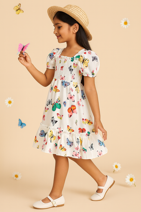 Girl's White Color Cotton Printed Smocked Kids Dress