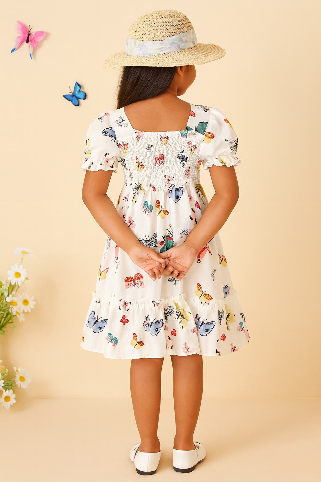 Girl's White Color Cotton Printed Smocked Kids Dress