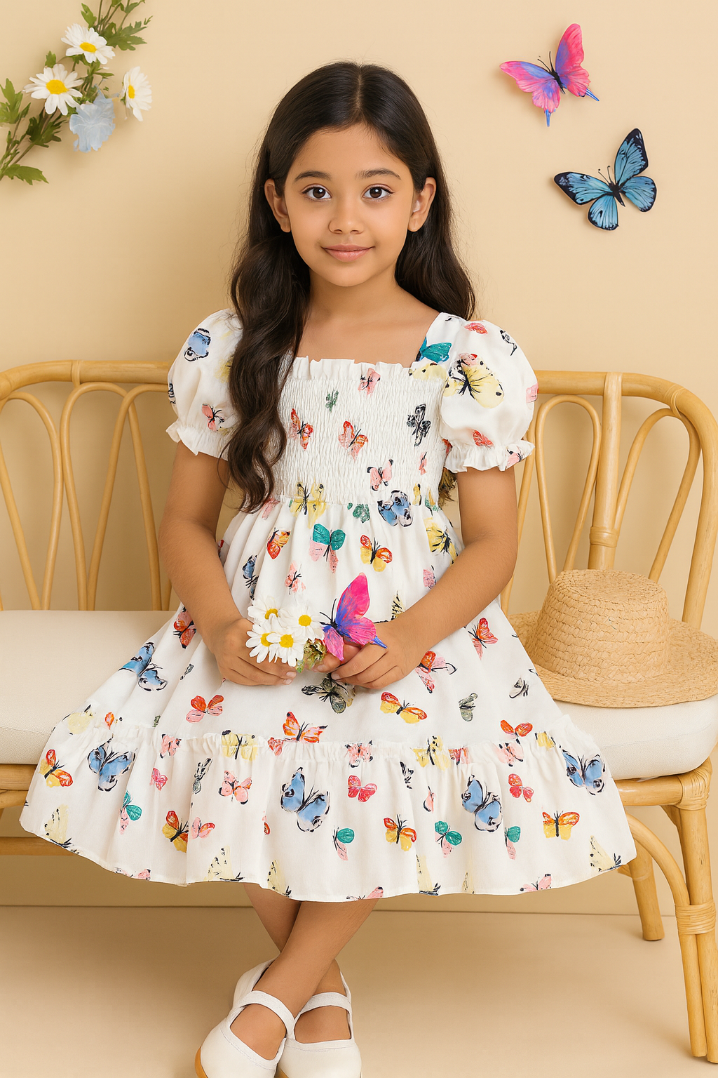 Girl's White Color Cotton Printed Smocked Kids Dress