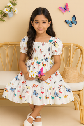 Girl's White Color Cotton Printed Smocked Kids Dress