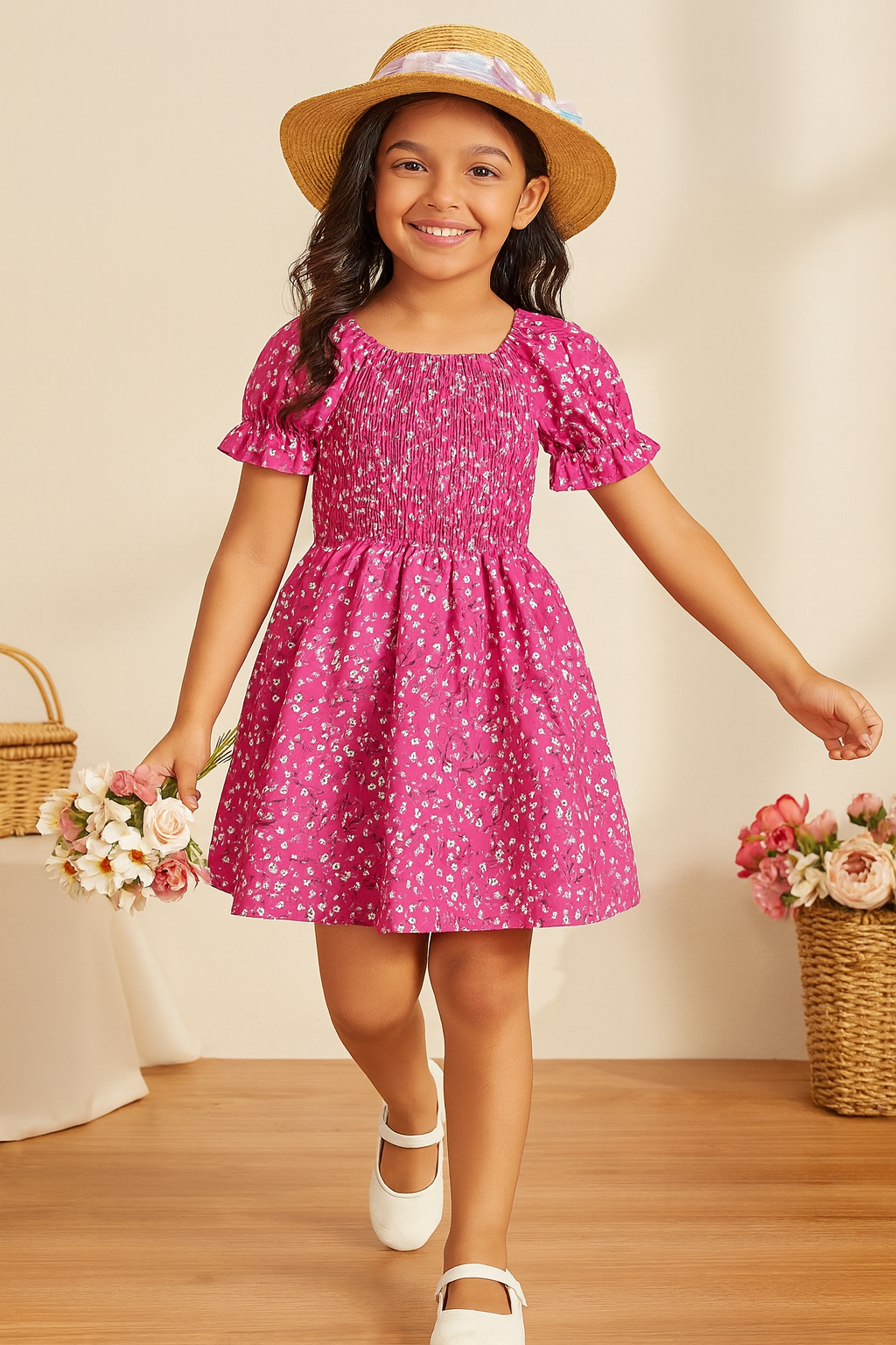 Girl's Pink Cotton Printed Puff Sleeve Kids Dress