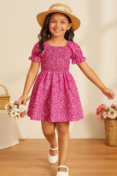 Girl's Pink Cotton Printed Puff Sleeve Kids Dress
