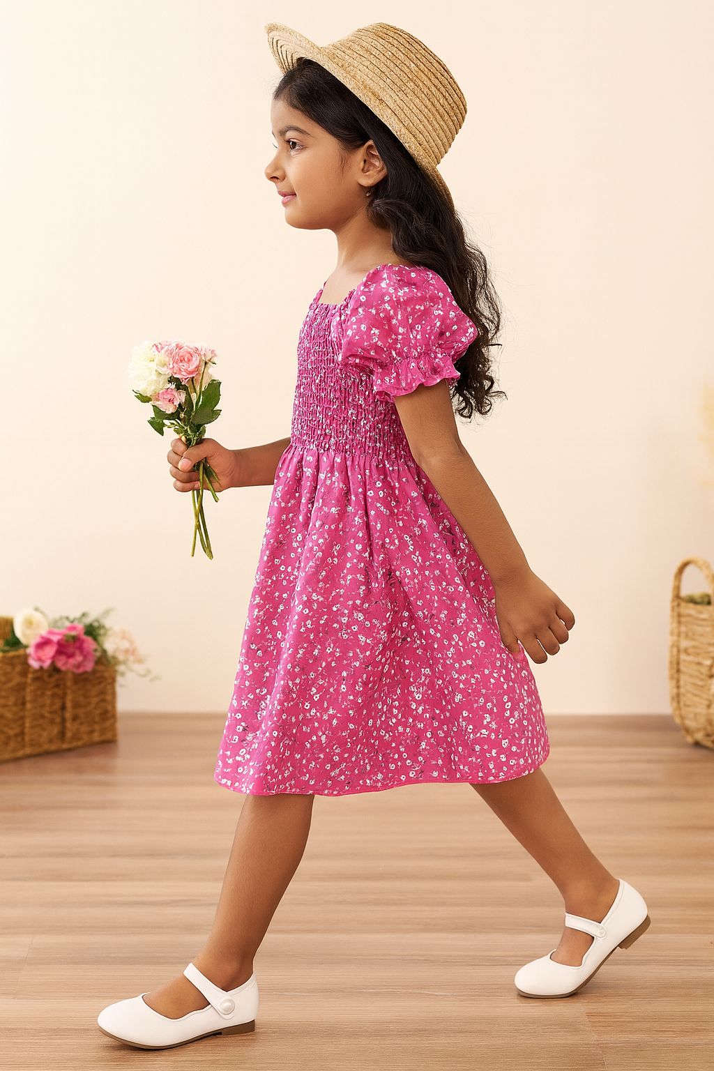 Girl's Pink Cotton Printed Puff Sleeve Kids Dress