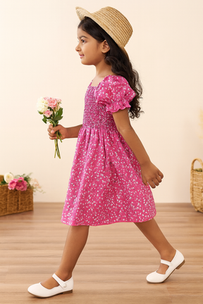 Girl's Pink Cotton Printed Puff Sleeve Kids Dress