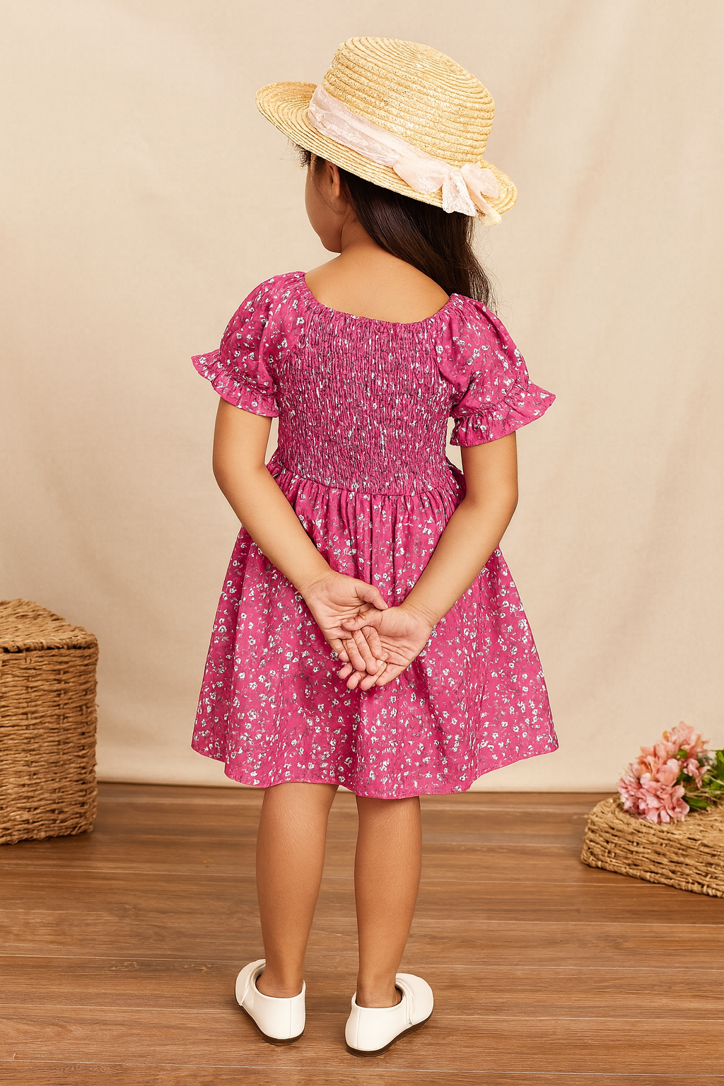 Girl's Pink Cotton Printed Puff Sleeve Kids Dress