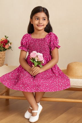 Girl's Pink Cotton Printed Puff Sleeve Kids Dress