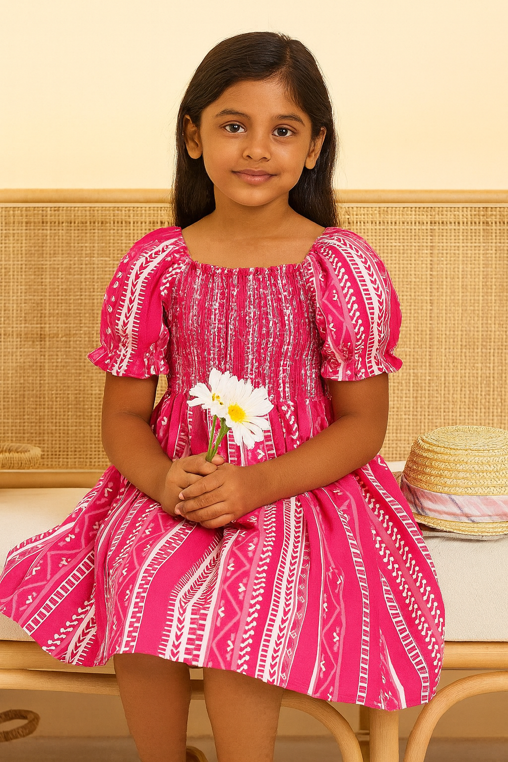 Girls Pink Color Cotton Knee Length Smocked Kids Dress