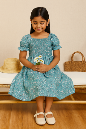 Girl's Rama Color Cotton Printed Kids Dress