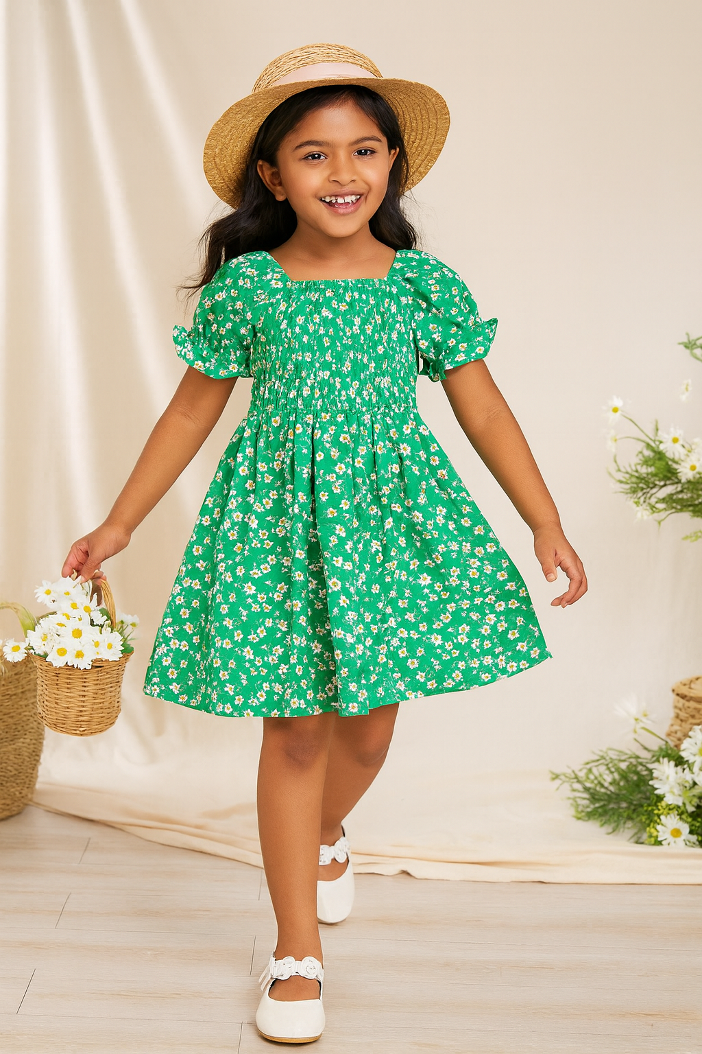 Girl's Green Cotton Puff Sleeve Printed Kids Dress