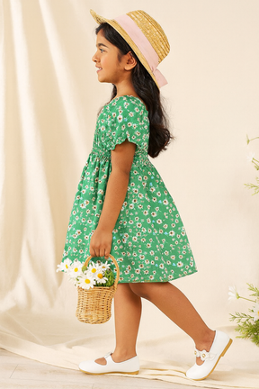 Girl's Green Cotton Puff Sleeve Printed Kids Dress