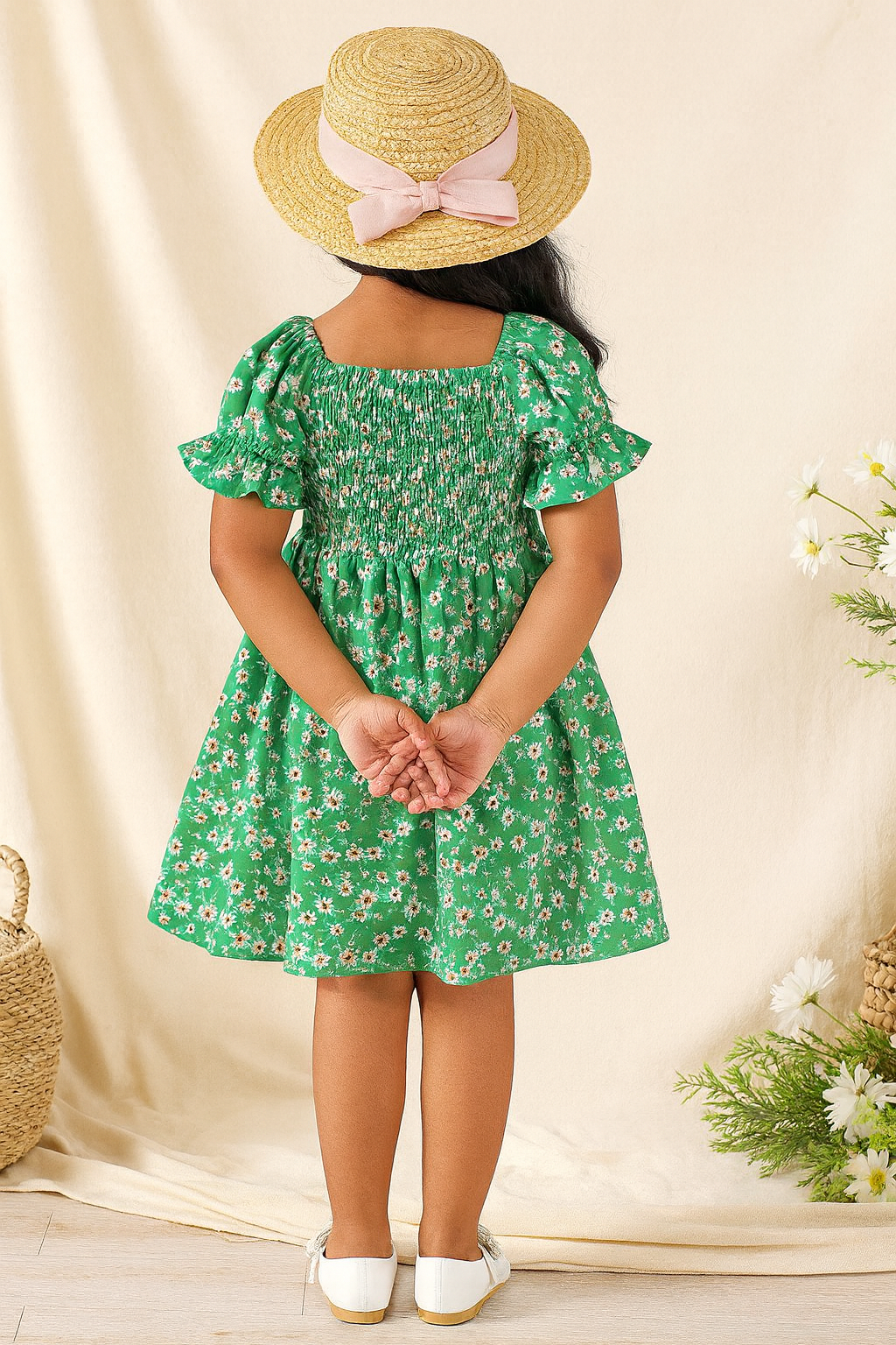 Girl's Green Cotton Puff Sleeve Printed Kids Dress