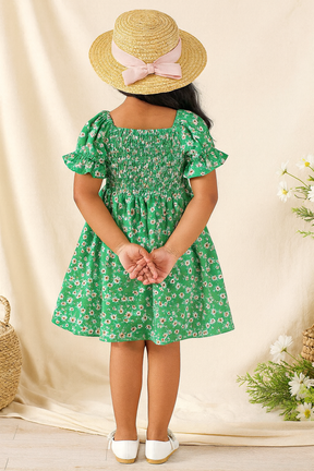Girl's Green Cotton Puff Sleeve Printed Kids Dress