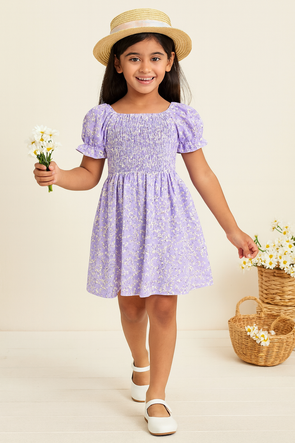 Girl's Lavender Cotton Puff Sleeve Printed Kids Dress