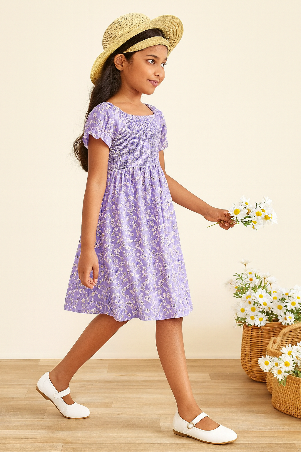 Girl's Lavender Cotton Puff Sleeve Printed Kids Dress