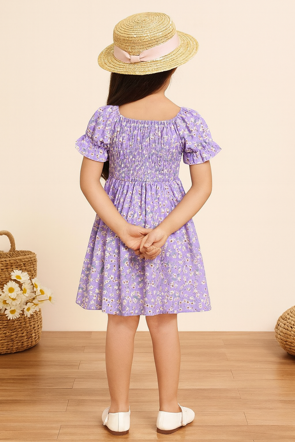 Girl's Lavender Cotton Puff Sleeve Printed Kids Dress
