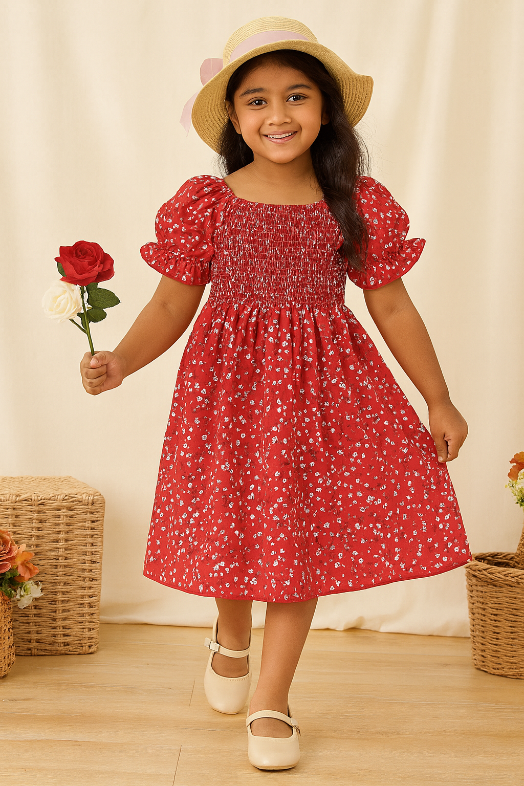 Girl's Red Color Cotton Printed Kids Dress