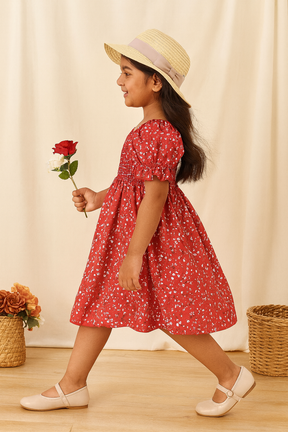 Girl's Red Color Cotton Printed Kids Dress