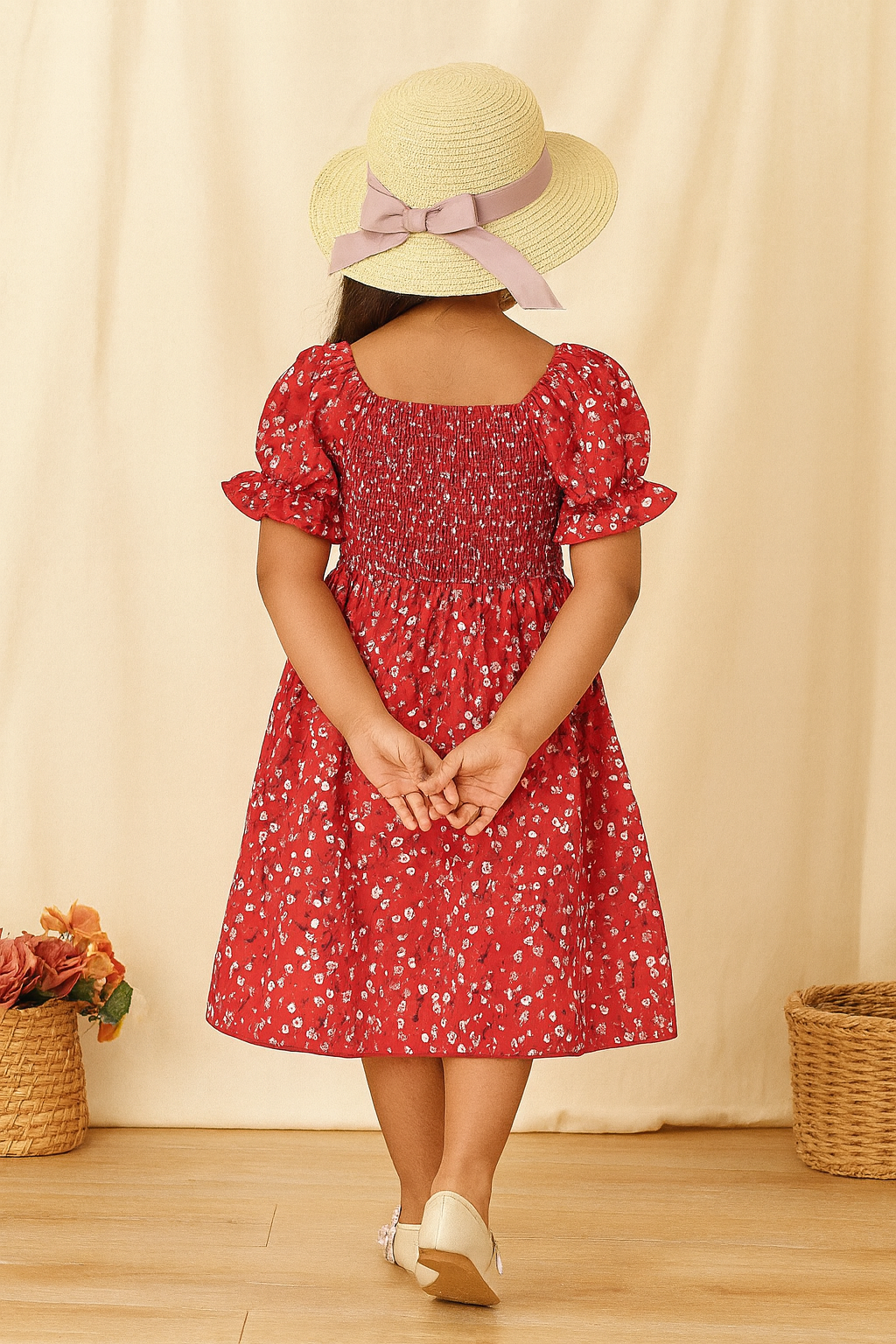 Girl's Red Color Cotton Printed Kids Dress
