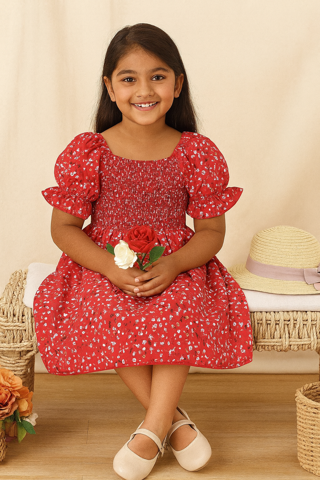 Girl's Red Color Cotton Printed Kids Dress