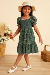 Girl's Dark Green Cotton Printed Kids Dress