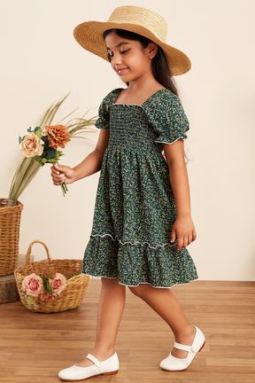 Girl's Dark Green Cotton Printed Kids Dress