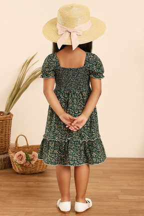 Girl's Dark Green Cotton Printed Kids Dress