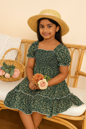 Girl's Dark Green Cotton Printed Kids Dress