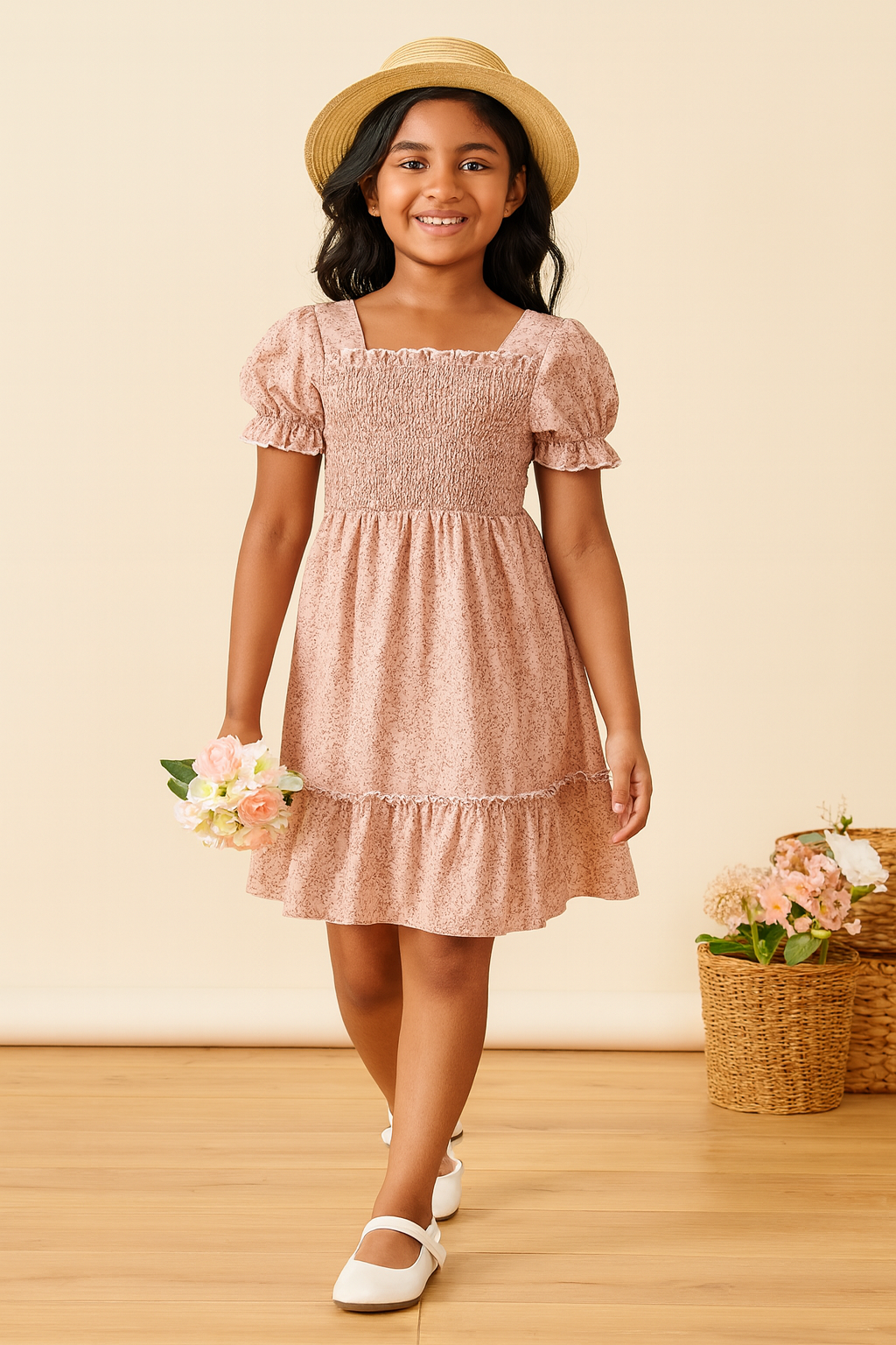 Girl's Peach Color Cotton Printed Kids Dress