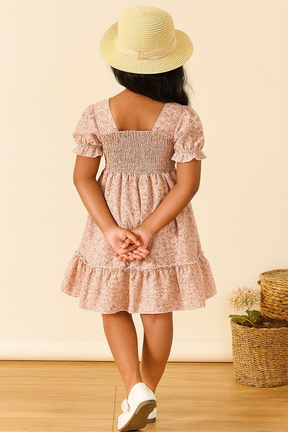 Girl's Peach Color Cotton Printed Kids Dress