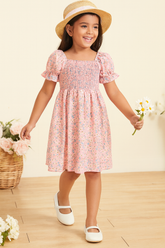 Girl's Peach Color Cotton Printed Puff Sleeve Kids Dress