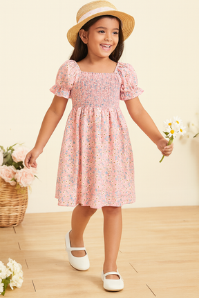 Girl's Peach Color Cotton Printed Puff Sleeve Kids Dress