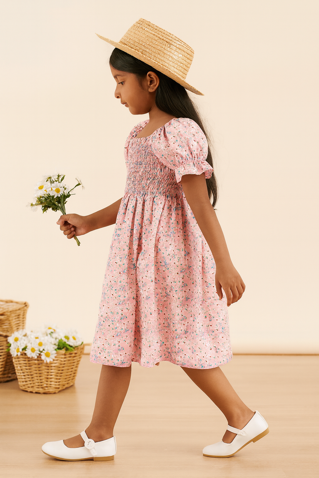 Girl's Peach Color Cotton Printed Puff Sleeve Kids Dress