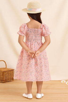 Girl's Peach Color Cotton Printed Puff Sleeve Kids Dress