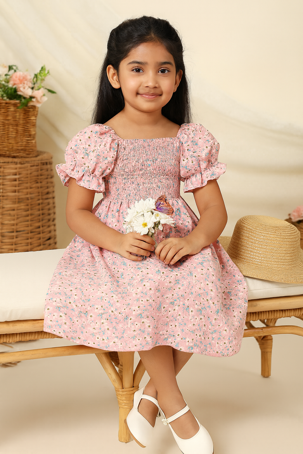 Girl's Peach Color Cotton Printed Puff Sleeve Kids Dress