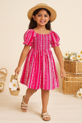 Girls Pink Color Cotton Knee Length Smocked Kids Dress