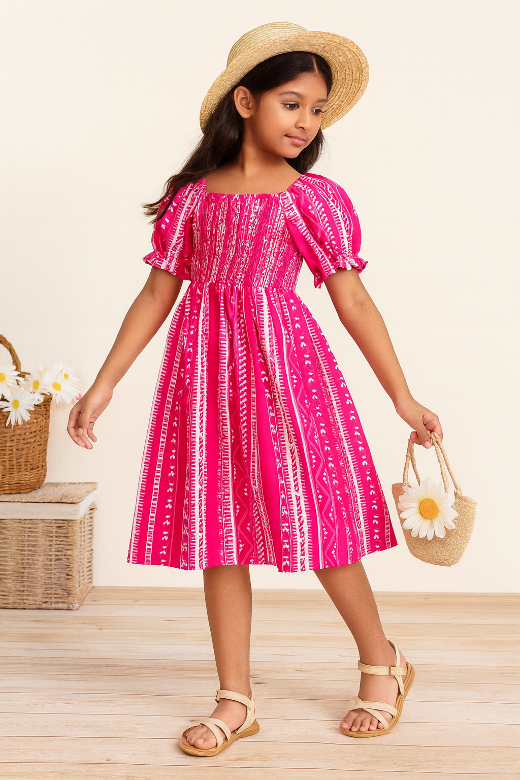 Girls Pink Color Cotton Knee Length Smocked Kids Dress