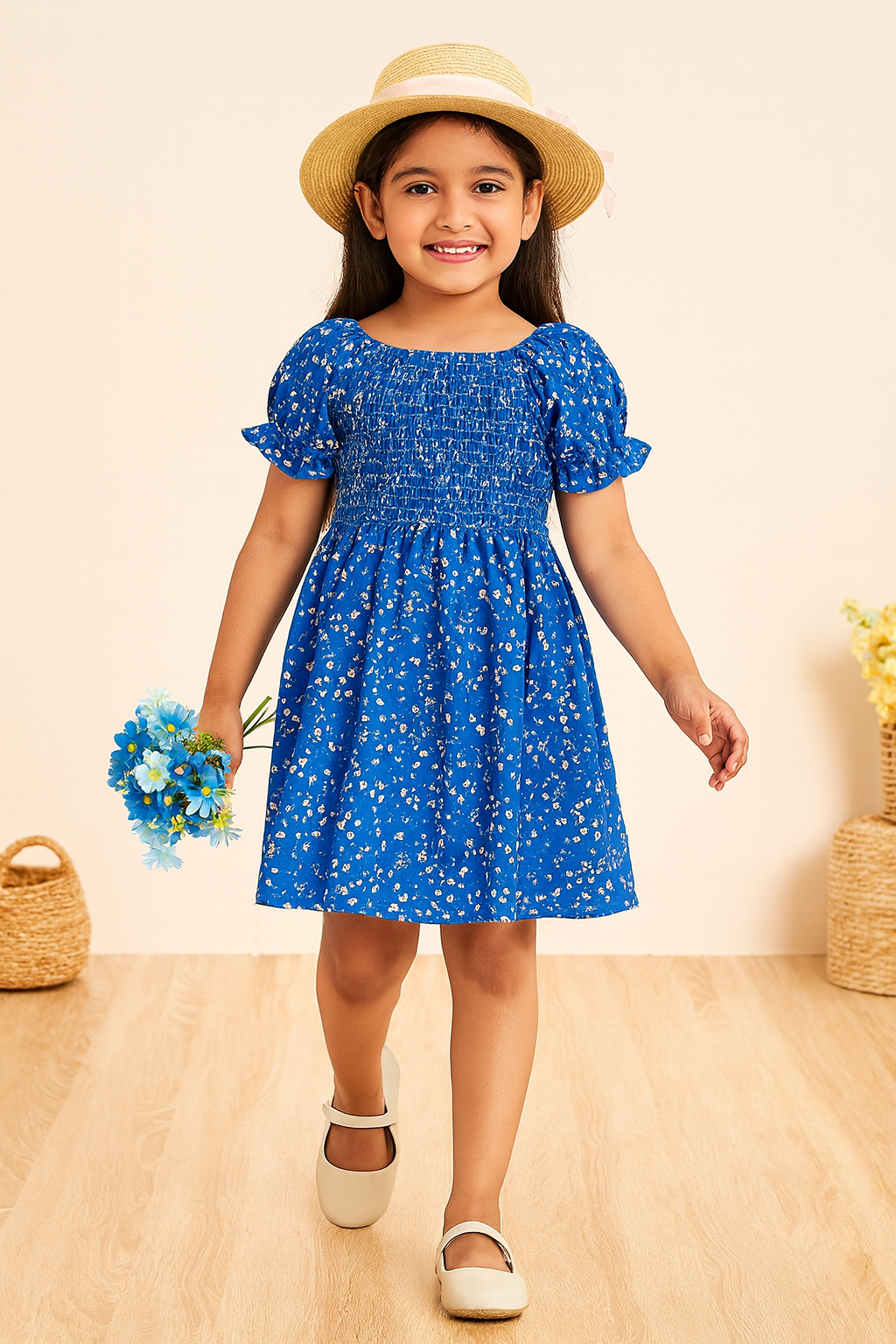 Girl's Blue Color Cotton Printed Kids Dress
