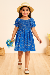 Girl's Blue Color Cotton Printed Kids Dress