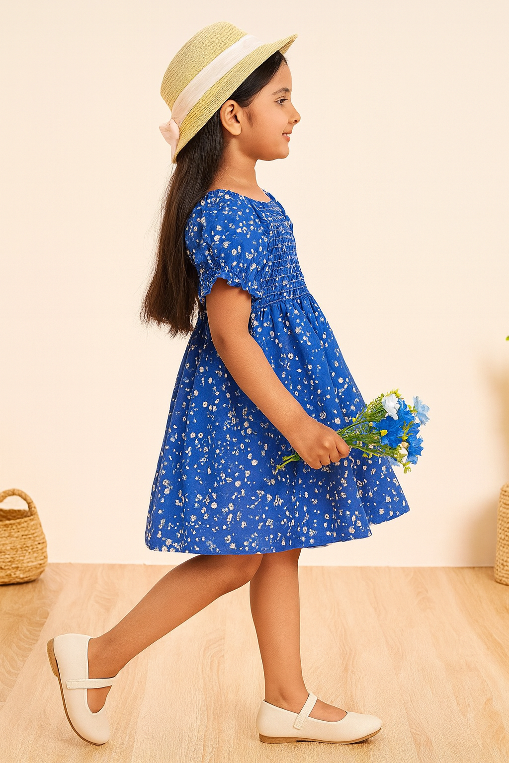 Girl's Blue Color Cotton Printed Kids Dress