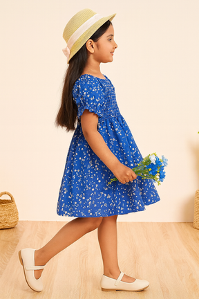 Girl's Blue Color Cotton Printed Kids Dress