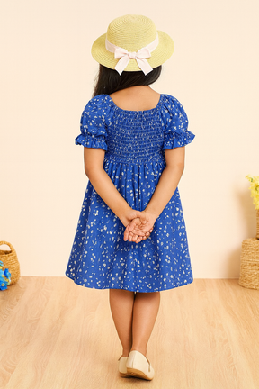 Girl's Blue Color Cotton Printed Kids Dress