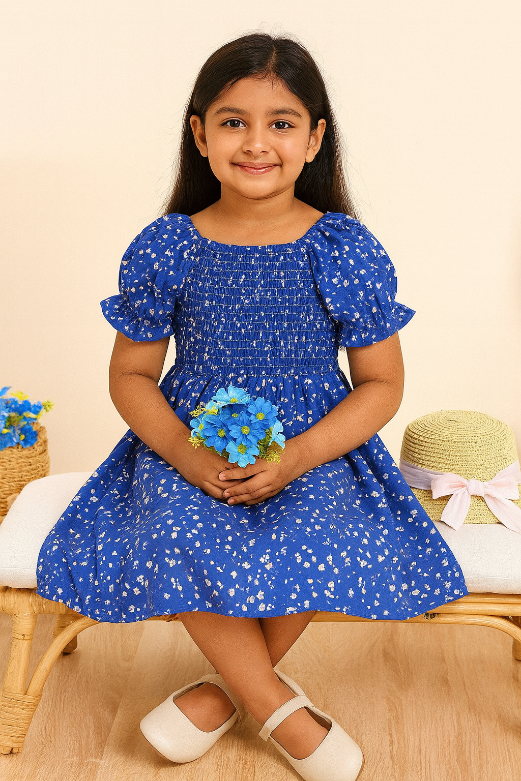 Girl's Blue Color Cotton Printed Kids Dress